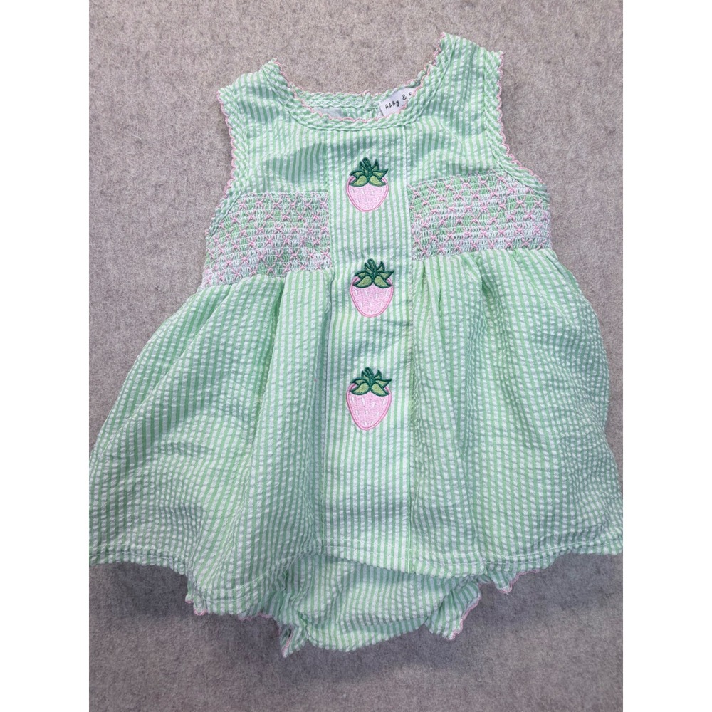 Abby & Evie Romper Dress Girls 9M Green White Seersucker Strawberry Smocked